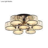 Modern Black Flush Mount Ceiling Light Fixture With Drum Crystal Shade - 3/5/6 Lights For Living