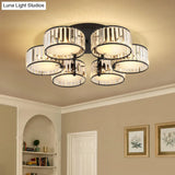 Modern Black Flush Mount Ceiling Light Fixture With Drum Crystal Shade - 3/5/6 Lights For Living