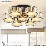 Modern Black Flush Mount Ceiling Light Fixture With Drum Crystal Shade - 3/5/6 Lights For Living