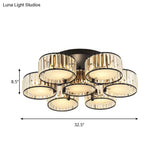 Modern Black Flush Mount Ceiling Light Fixture With Drum Crystal Shade - 3/5/6 Lights For Living