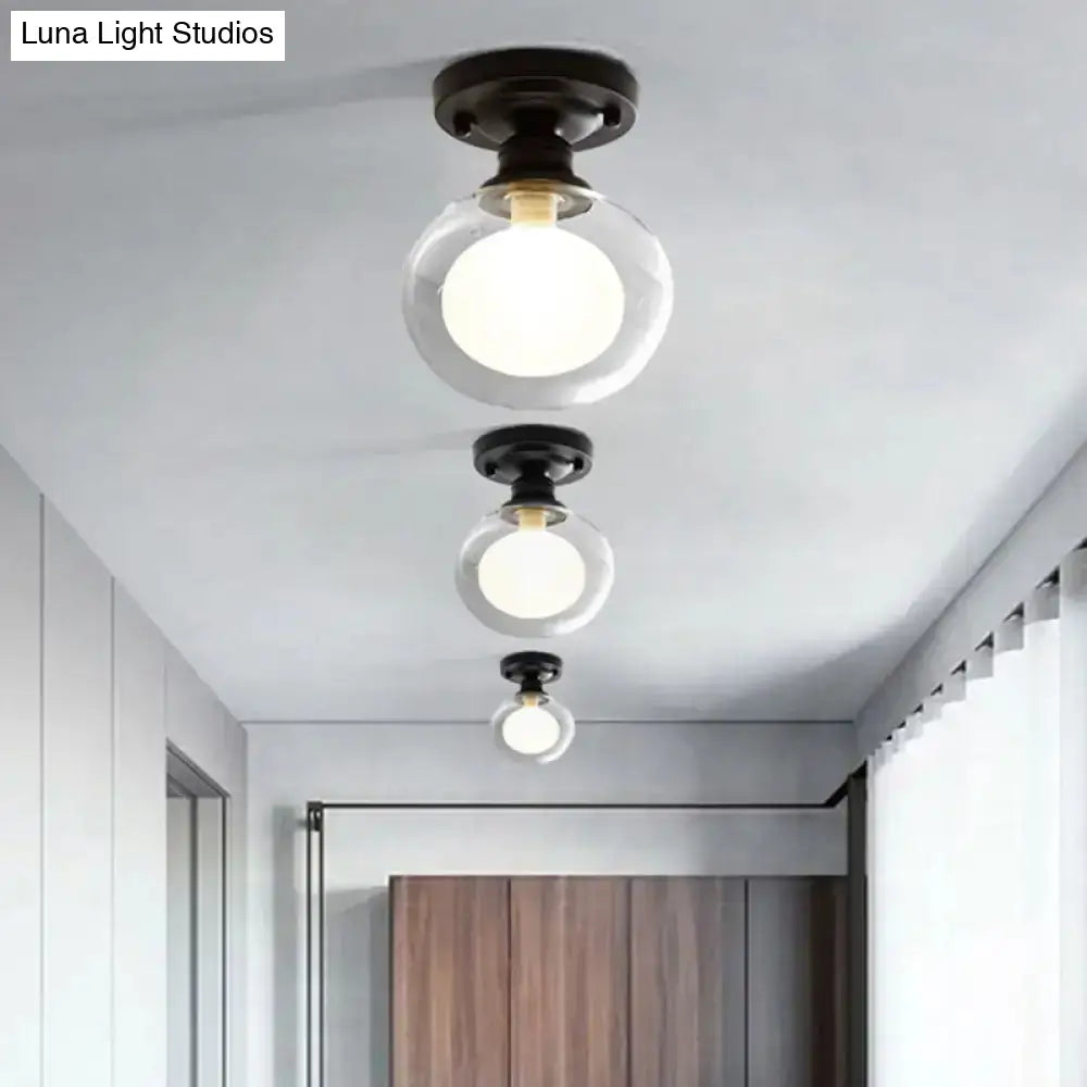 Modern Black Flush Mount Light Fixture With 1-Light Globe Dual Glass Shade - Ideal For Corridors / B