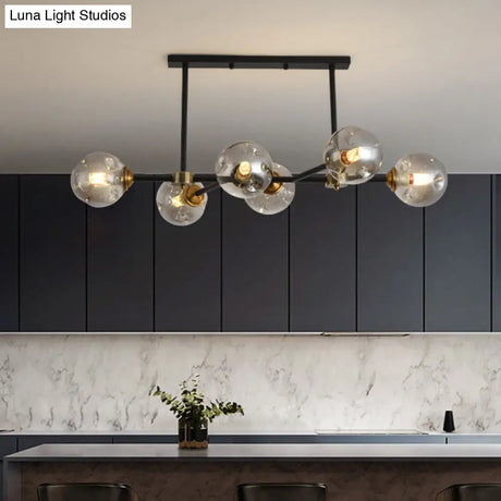 Modern Black Glass Island Pendant Light With 6 Spherical Lights For Dining Table