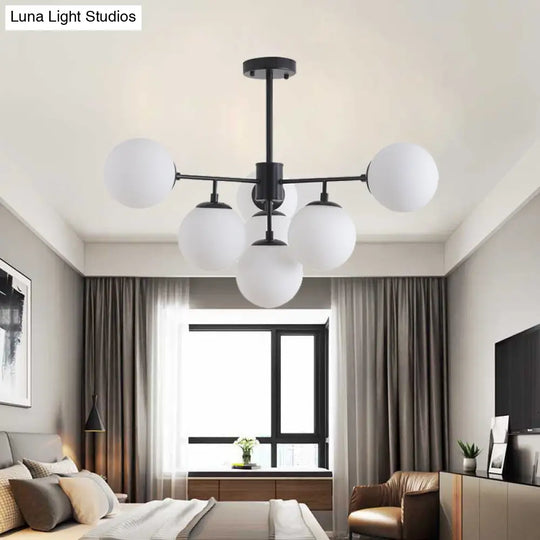 Modern Black/Gold Branch Chandelier - 7/9/11-Light Iron Pendant With White Glass Ball Shade