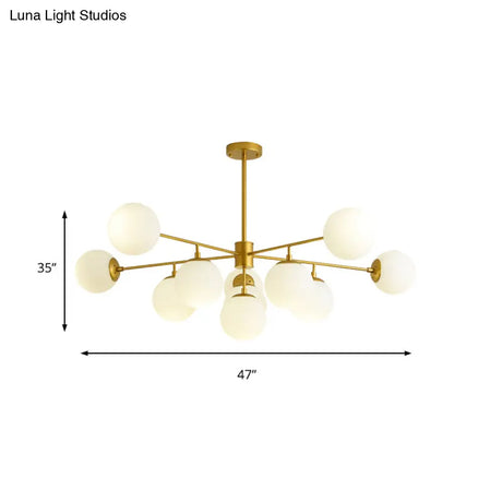 Modern Black/Gold Branch Chandelier - 7/9/11-Light Iron Pendant With White Glass Ball Shade