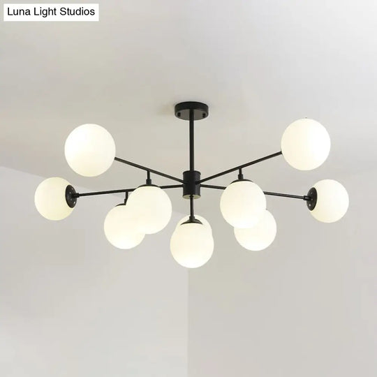 Modern Black/Gold Branch Chandelier - 7/9/11-Light Iron Pendant With White Glass Ball Shade