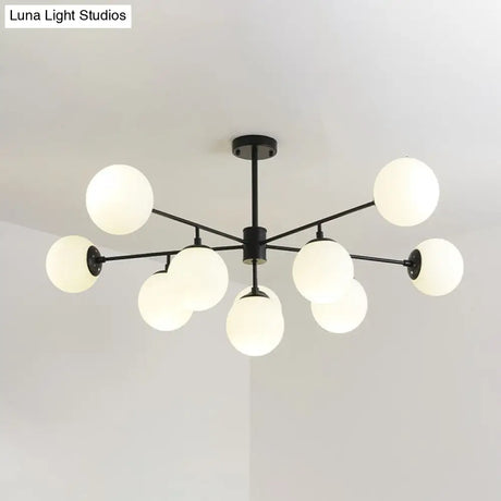 Modern Black/Gold Branch Chandelier - 7/9/11-Light Iron Pendant With White Glass Ball Shade