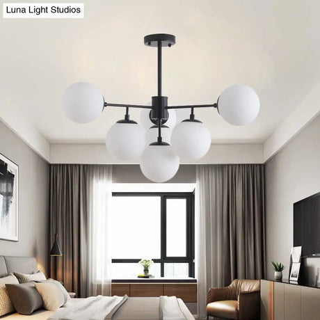 Modern Black/Gold Branch Chandelier - 7/9/11-Light Iron Pendant With White Glass Ball Shade