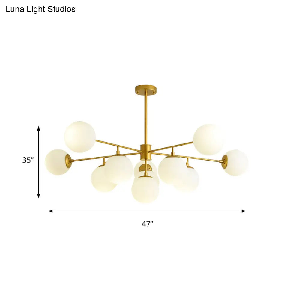 Modern Black/Gold Branch Chandelier - 7/9/11-Light Iron Pendant With White Glass Ball Shade