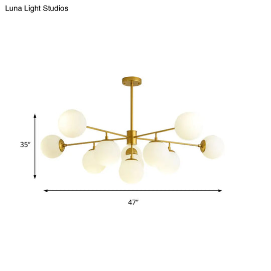 Modern Black/Gold Branch Chandelier - 7/9/11-Light Iron Pendant With White Glass Ball Shade