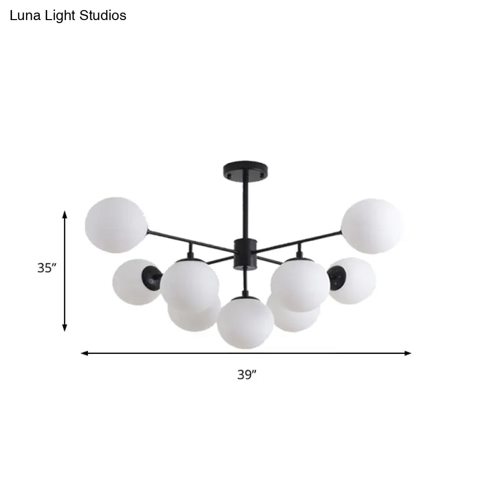 Modern Black/Gold Branch Chandelier - 7/9/11-Light Iron Pendant With White Glass Ball Shade