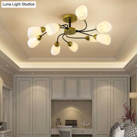 Modern Black/Gold Curly Floral Semi Flush Mount Ceiling Light - 9/12 Lights Milk White Glass Living