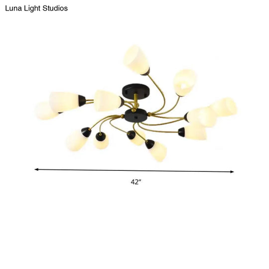 Modern Black/Gold Curly Floral Semi Flush Mount Ceiling Light - 9/12 Lights Milk White Glass Living