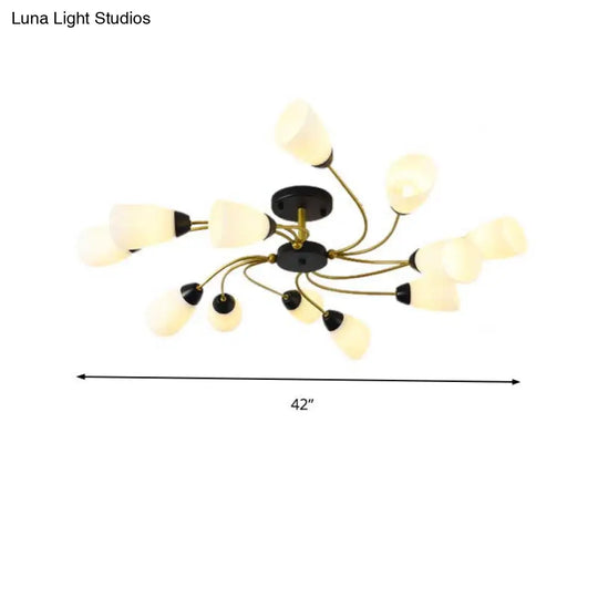 Modern Black/Gold Curly Floral Semi Flush Mount Ceiling Light - 9/12 Lights Milk White Glass Living