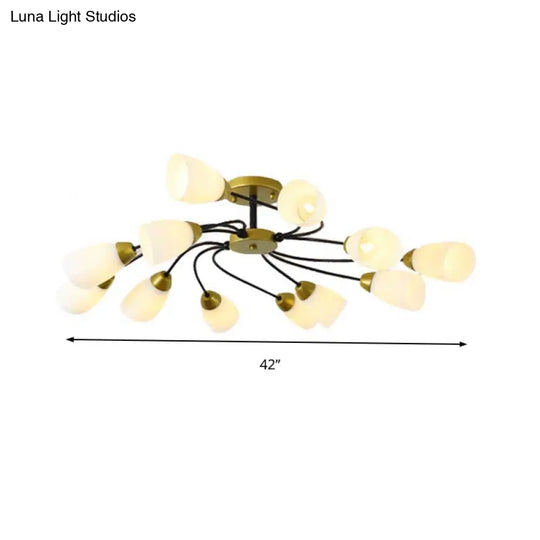 Modern Black/Gold Curly Floral Semi Flush Mount Ceiling Light - 9/12 Lights Milk White Glass Living