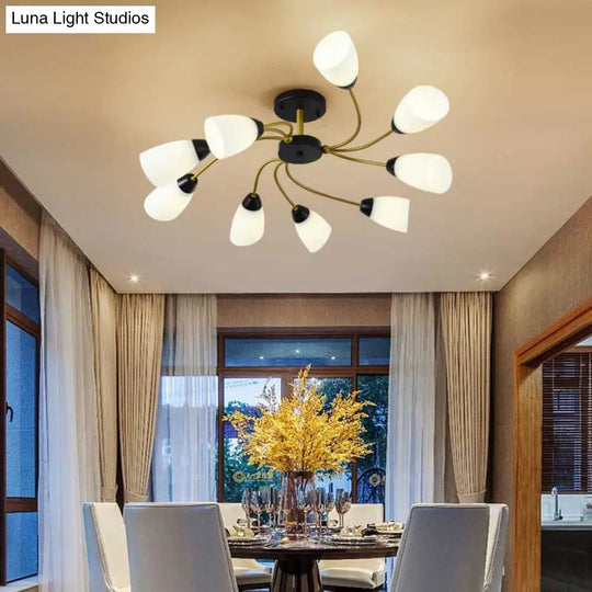 Modern Black/Gold Curly Floral Semi Flush Mount Ceiling Light - 9/12 Lights Milk White Glass Living