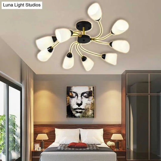 Modern Black/Gold Curly Floral Semi Flush Mount Ceiling Light - 9/12 Lights Milk White Glass Living