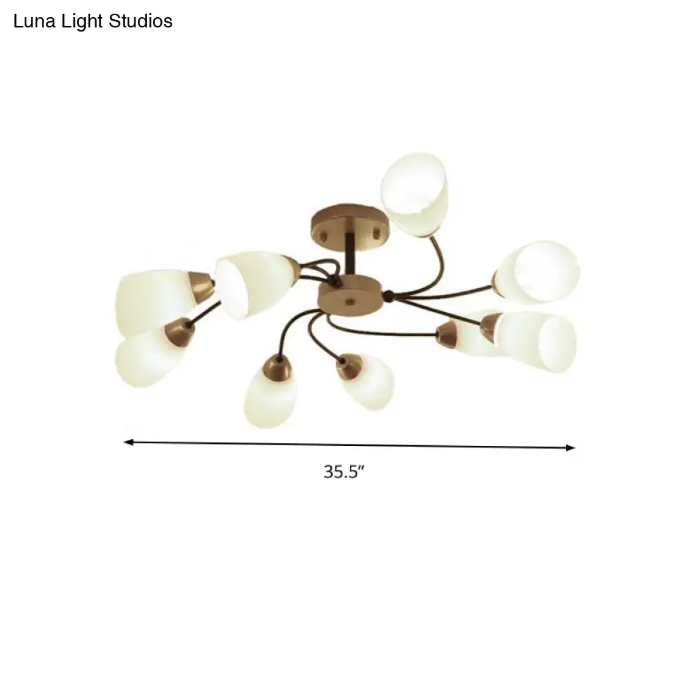Modern Black/Gold Curly Floral Semi Flush Mount Ceiling Light - 9/12 Lights Milk White Glass Living