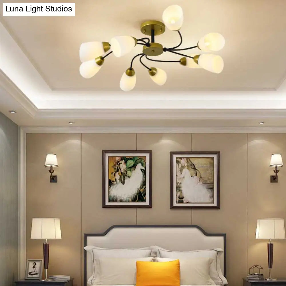Modern Black/Gold Curly Floral Semi Flush Mount Ceiling Light - 9/12 Lights Milk White Glass Living