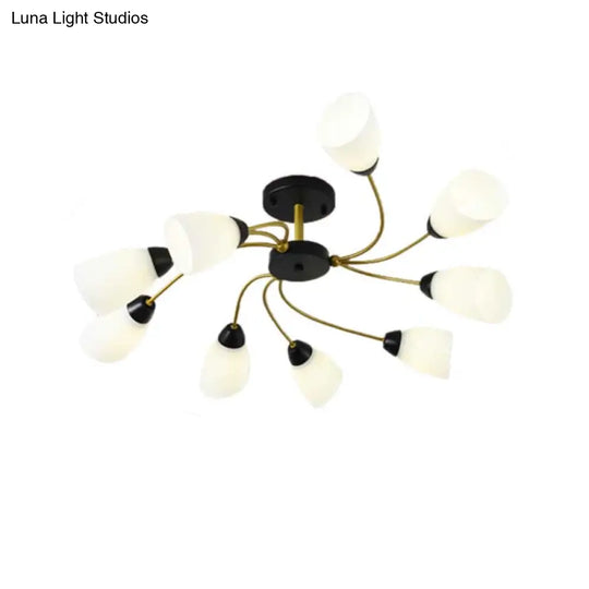Modern Black/Gold Curly Floral Semi Flush Mount Ceiling Light - 9/12 Lights Milk White Glass Living