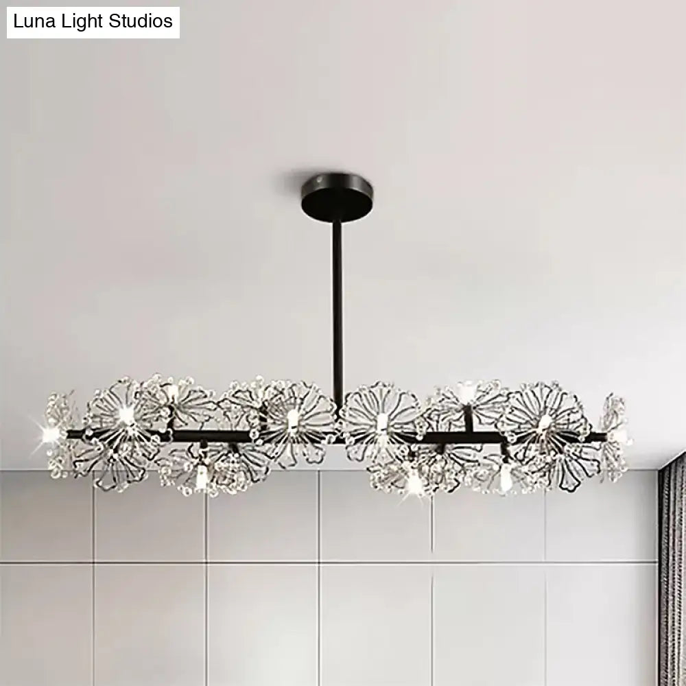 Modern Black/Gold Floral Island Pendant With 16-Head Crystal Design - Hanging Ceiling Light Fixture