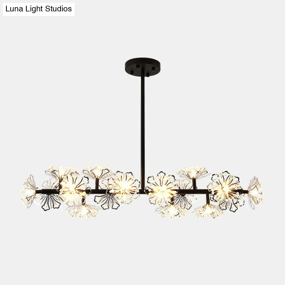 Modern Black/Gold Floral Island Pendant With 16-Head Crystal Design - Hanging Ceiling Light Fixture