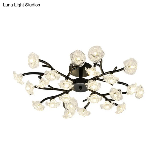 Modern Black/Gold Flower Branch Semi Flush Mount Chandelier - 24 - Bulb Ceiling Light With