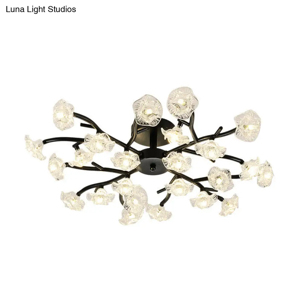 Modern Black/Gold Flower Branch Semi Flush Mount Chandelier - 24-Bulb Ceiling Light With Transparent