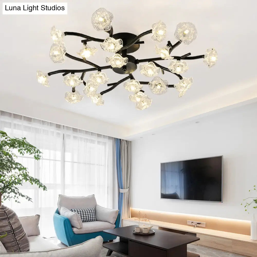 Modern Black/Gold Flower Branch Semi Flush Mount Chandelier - 24 - Bulb Ceiling Light With