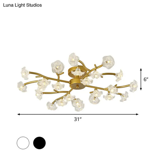 Modern Black/Gold Flower Branch Semi Flush Mount Chandelier - 24-Bulb Ceiling Light With Transparent