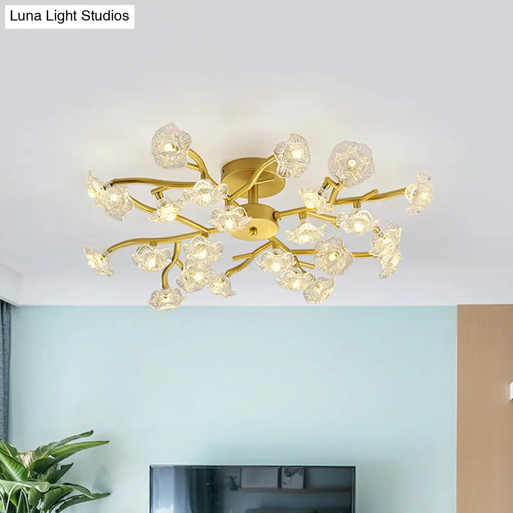 Modern Black/Gold Flower Branch Semi Flush Mount Chandelier - 24-Bulb Ceiling Light With Transparent