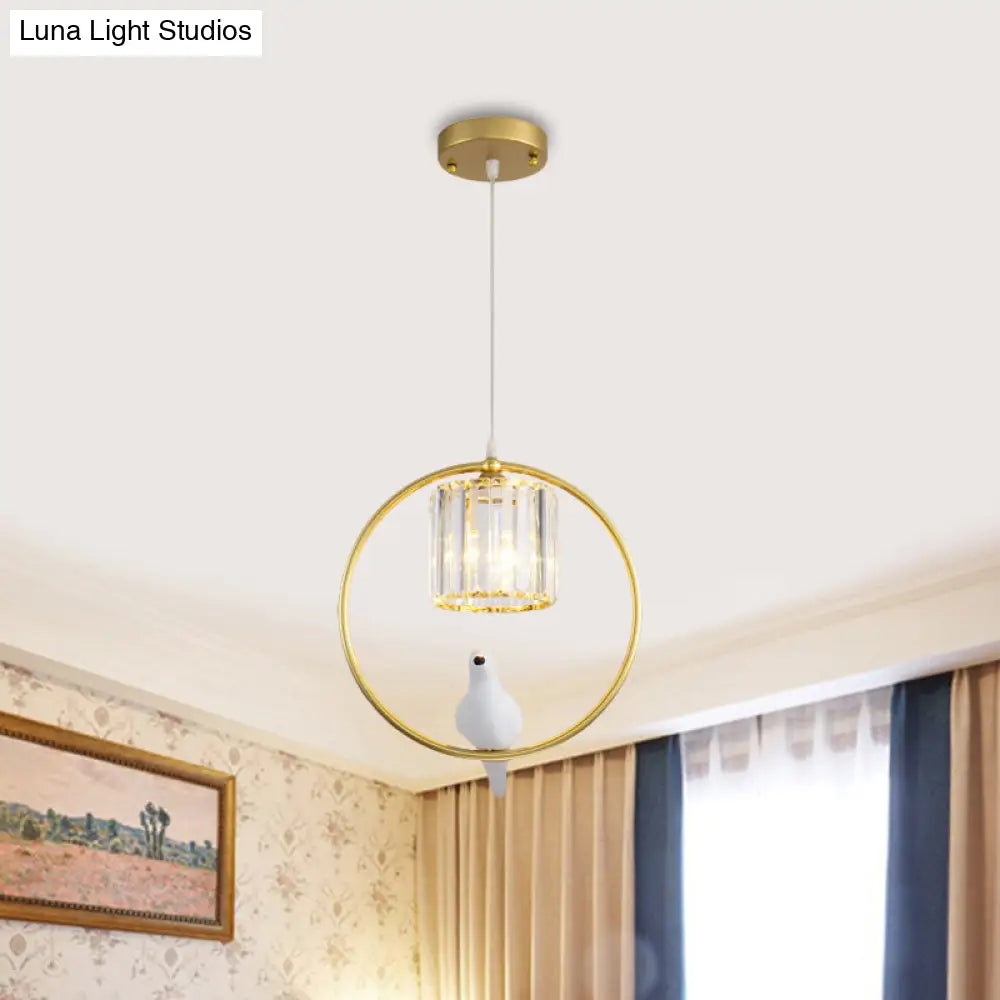 Black/Gold Hoop Pendulum Modern Pendant Light With Bird And Cylinder Crystal Shade Gold