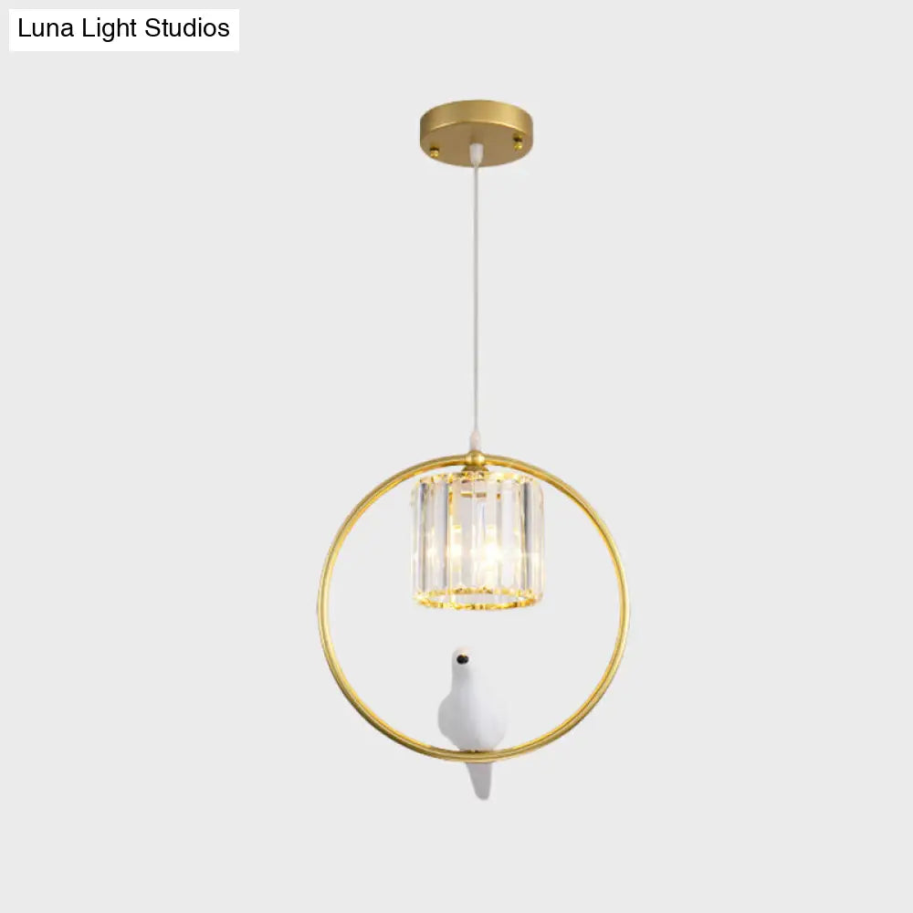 Black/Gold Hoop Pendulum Modern Pendant Light With Bird And Cylinder Crystal Shade
