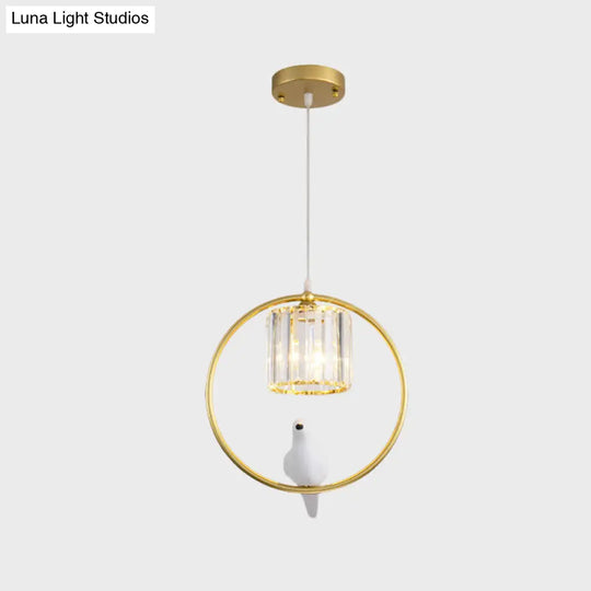 Black/Gold Hoop Pendulum Modern Pendant Light With Bird And Cylinder Crystal Shade