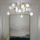 Modern Black/Gold Iron Branch Chandelier With Matte White Balls - 15/20-Light Dining Room Hanging