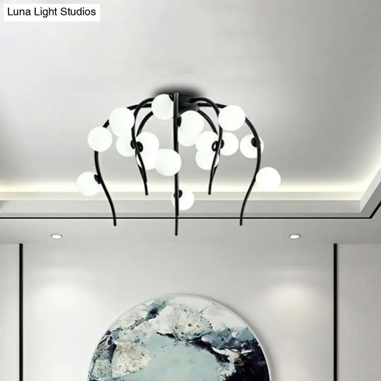 Modern Black/Gold Iron Chandelier With Matte White Balls - 15/20-Light Dining Room Hanging Lamp