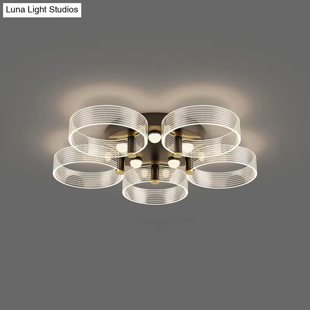 Modern Black-Gold Led Ceiling Light With Flower Design - Acrylic Round Semi Mount 5 / Warm