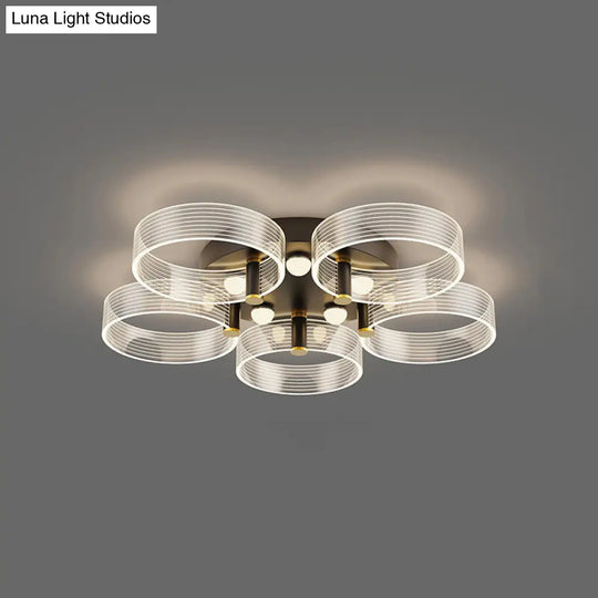 Modern Black-Gold Led Ceiling Light With Flower Design - Acrylic Round Semi Mount 5 / Warm