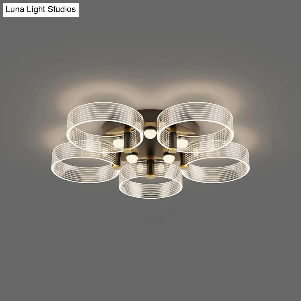 Modern Black - Gold Led Ceiling Light With Flower Design - Acrylic Round Semi Mount 5 / Warm