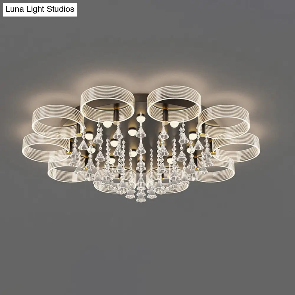 Modern Black-Gold Led Ceiling Light With Flower Design - Acrylic Round Semi Mount 10 / Warm