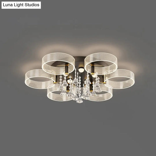 Modern Black-Gold Led Ceiling Light With Flower Design - Acrylic Round Semi Mount 6 / Warm