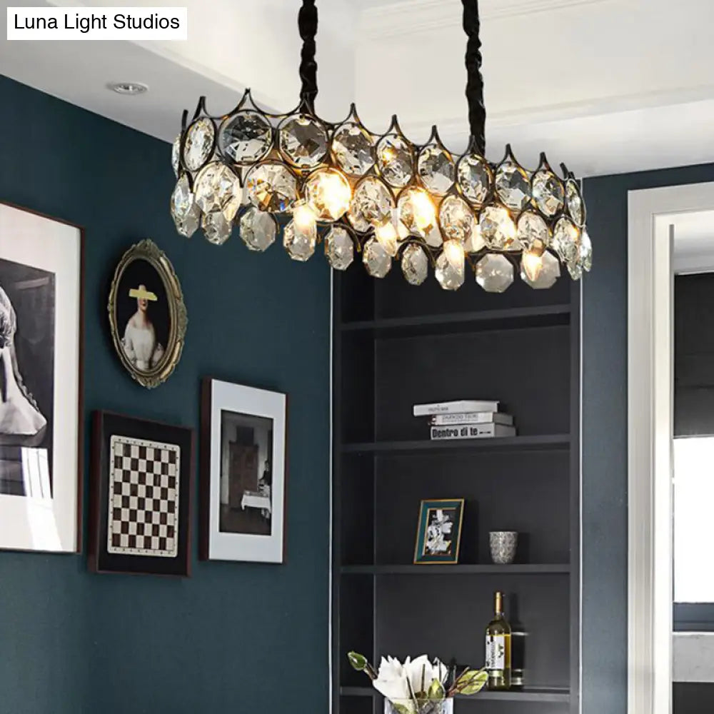 Modern Black/Gold Pendant Lighting Fixture With Crystal Prism Shade - 8-Bulb Dining Room Island