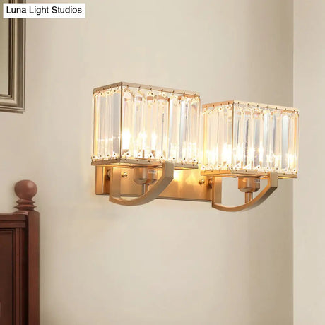 Modern Black/Gold Rectangle Wall Mount Sconce Light With Clear Crystal For Bedroom - 7/18 W