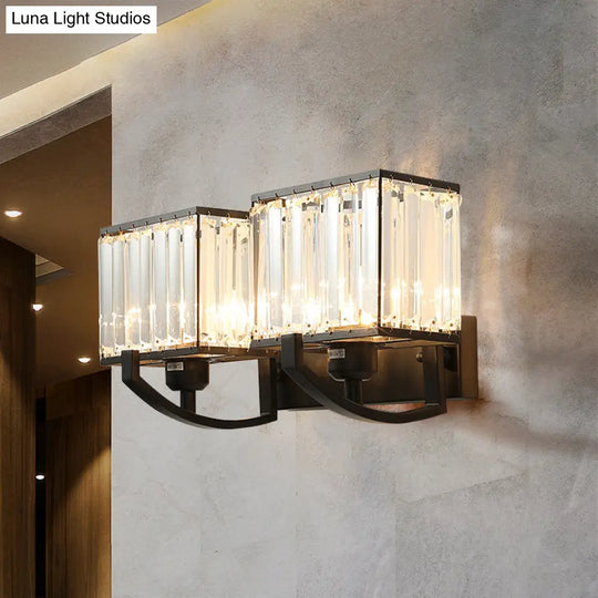Modern Black/Gold Rectangle Wall Mount Sconce Light With Clear Crystal For Bedroom - 7/18 W
