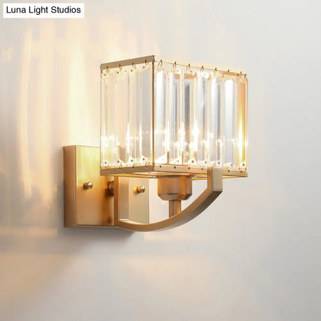 Modern Black/Gold Rectangle Wall Mount Sconce Light With Clear Crystal For Bedroom - 7/18 W