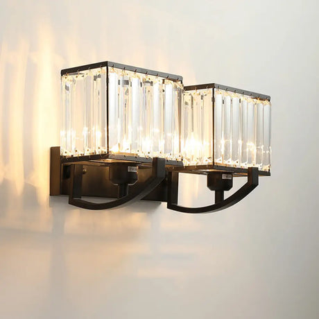 Modern Black/Gold Rectangle Wall Mount Sconce Light With Clear Crystal For Bedroom - 7/18 W Black /