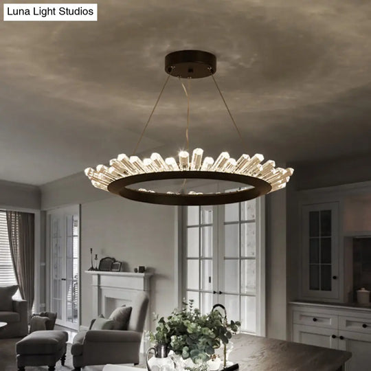 Modern Black/Gold Ring Pendant Chandelier With Crystal Accents - Led Light In White/Warm Living Room