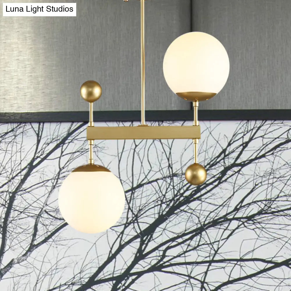 Modern Black/Gold Round Chandelier - 2-Light Led Ceiling Lamp With Milky Glass