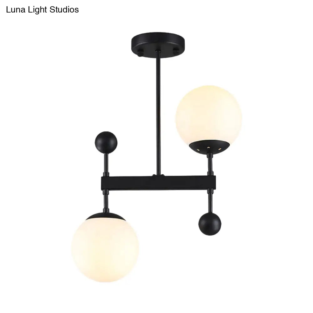 Modern Black/Gold Round Chandelier - 2-Light Led Ceiling Lamp With Milky Glass