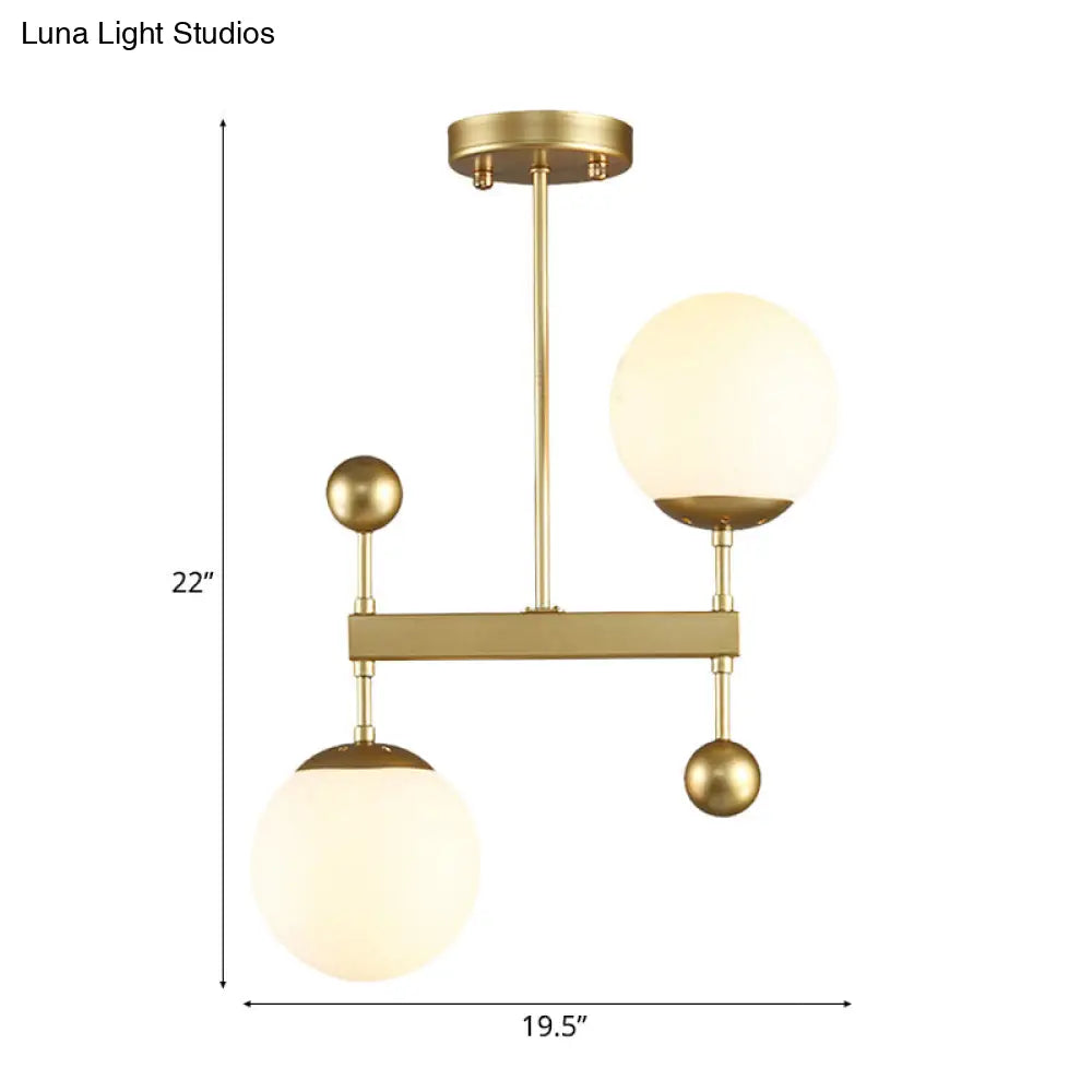 Modern Black/Gold Round Chandelier - 2-Light Led Ceiling Lamp With Milky Glass