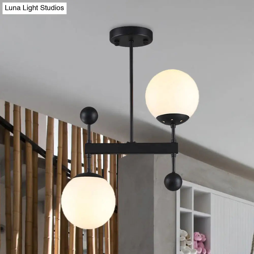 Modern Black/Gold Round Chandelier - 2-Light Led Ceiling Lamp With Milky Glass